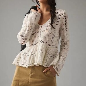 Anthropologie Pilcro Cream Pointelle Babydoll Sweater Medium